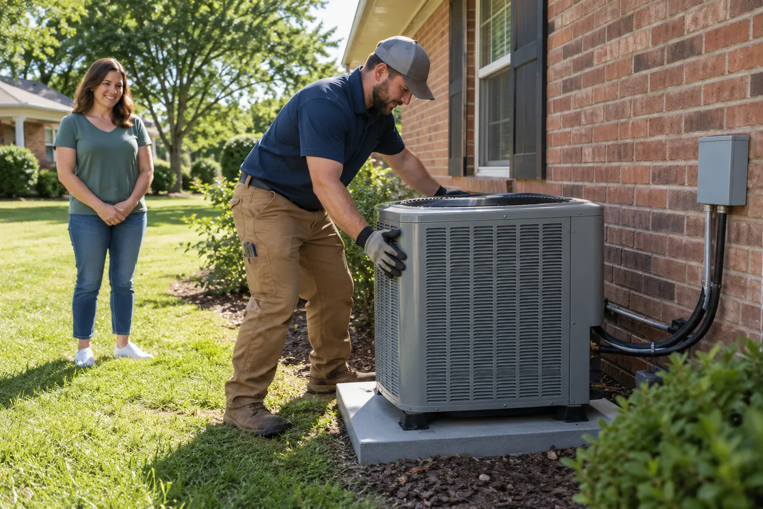 A local HVAC provider installing a new outdoor air conditioner beside a home in the Wixom area