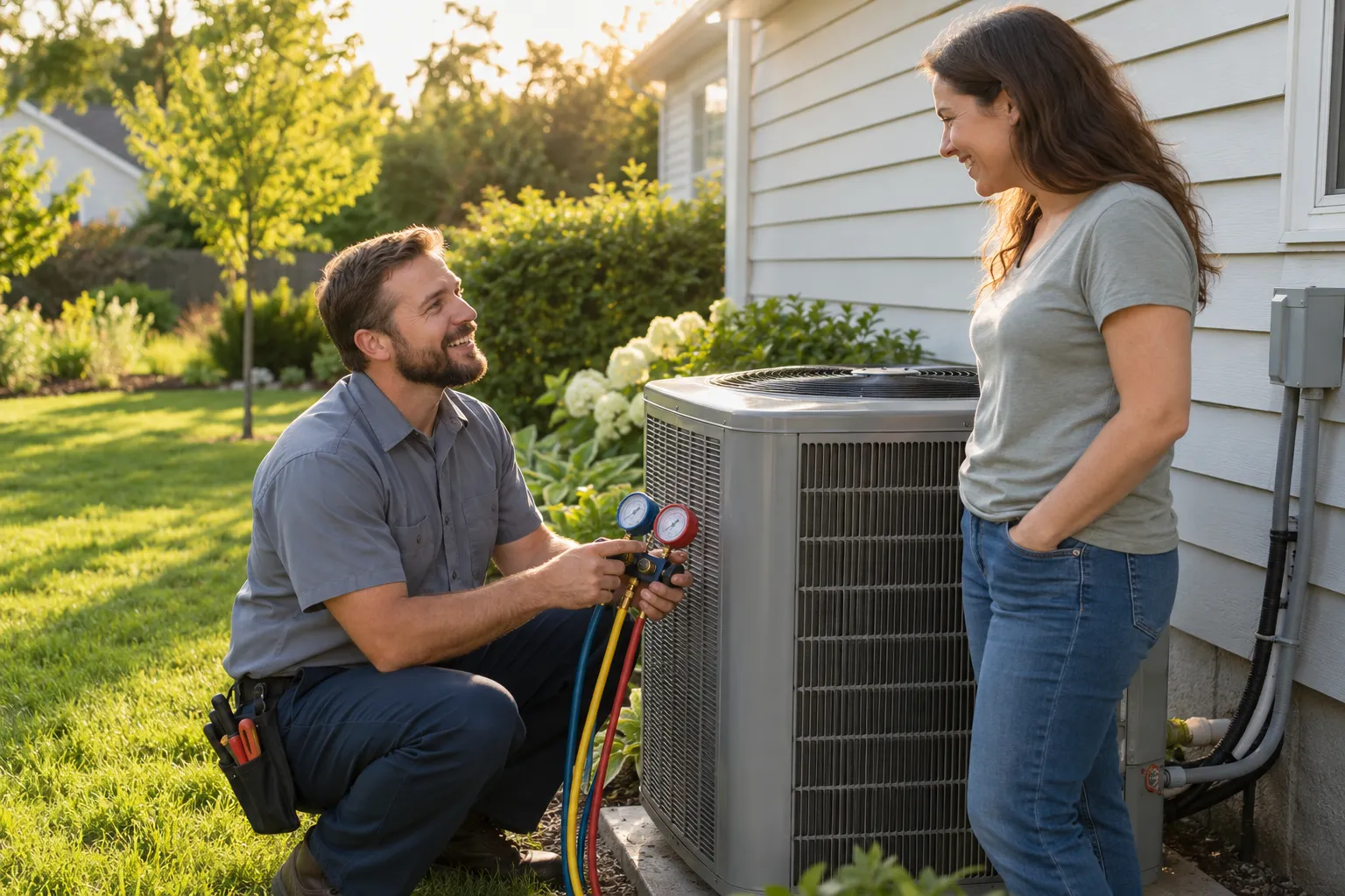 A friendly HVAC provider checking an outdoor AC condenser at a frame house in the Wixom area