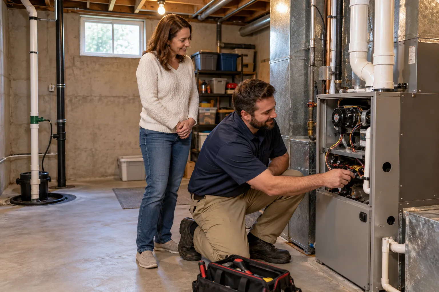 A provider checking a furnace in a home basement in the Wixom area