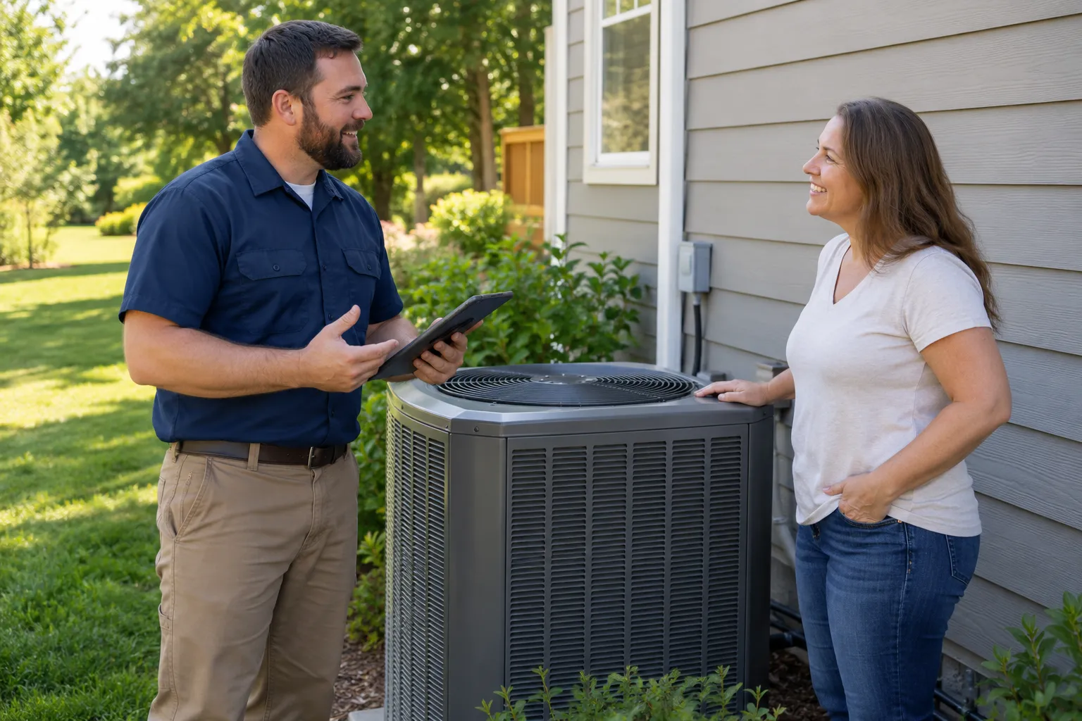 A homeowner talking with an HVAC provider beside an outdoor AC unit near Wixom